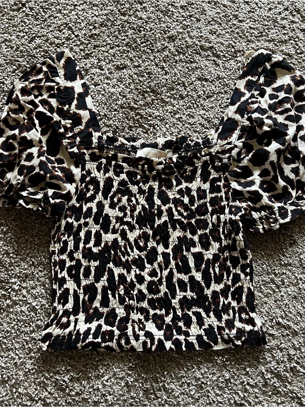 Smocked Leopard Print Puff Sleeve Top - Black & Cream